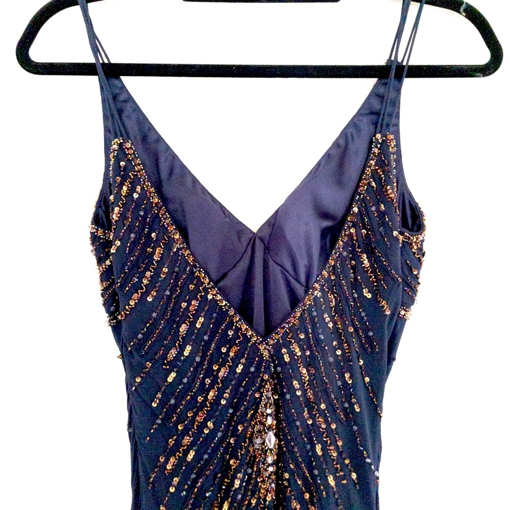Vintage 90s Sue Wong Nocturnals Beaded Sequin Flapper Dress Navy Fringe Size 8 - Picture 5 of 13